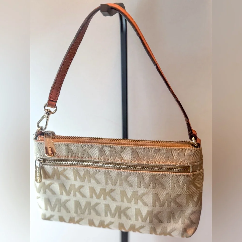 Michael Kors MK Logo Wristlet Shoulder Bag | Beige Tan Canvas - Picture 2 of 11